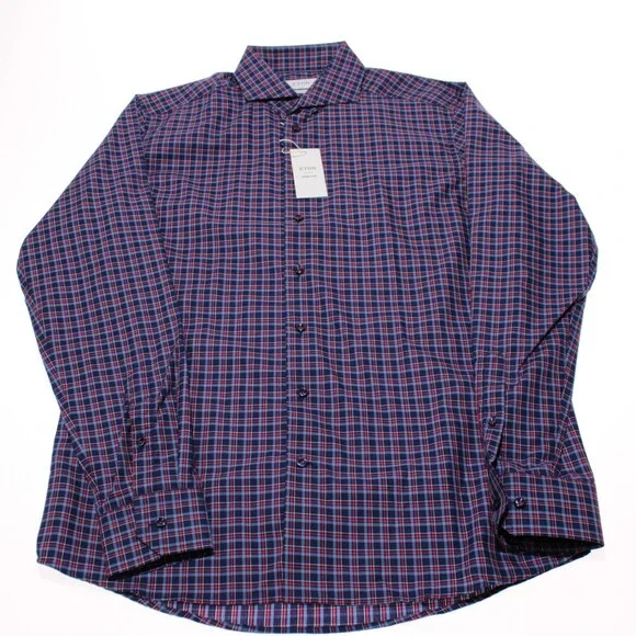 Eton NWT Dress Shirt Size 43 17 Slim Fit in Blue & Red Plaid 100% Cotton